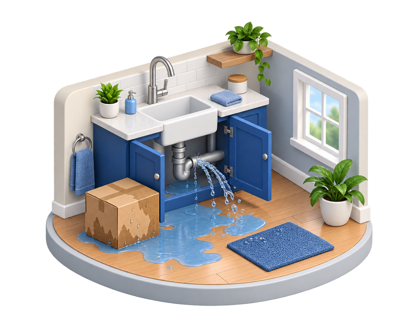 A burst pipe leaking onto a home floor