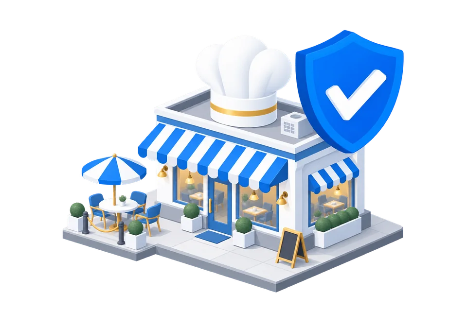 Illustration of a restaurant, outdoor seating and a blue protection shield