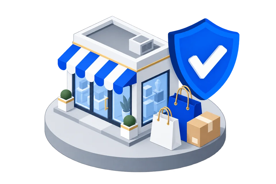 Illustration of a retail shop, shopping bags, parcel and a blue protection shield