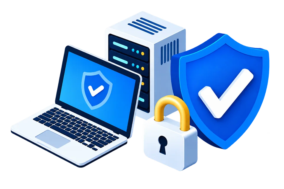 Illustration of a laptop, server, padlock and a blue protection shield