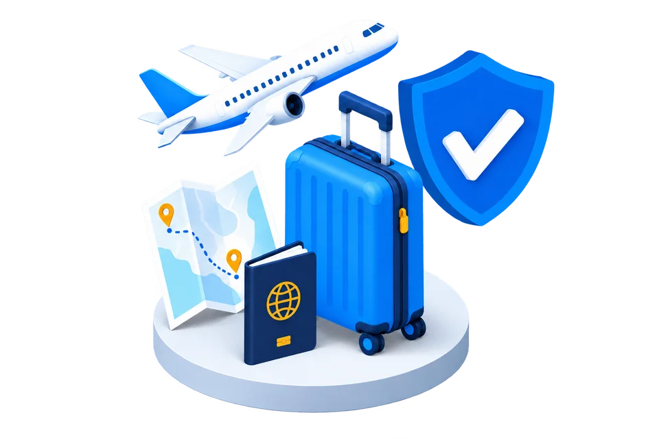 Illustration of luggage, an airplane, a map and a blue protection shield